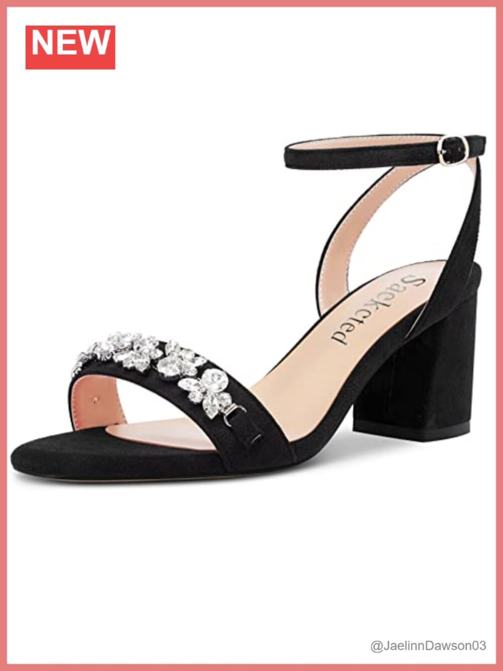 Women's Chunky Heeled Sandals Ankle Strap Rhinestone Crystal Open Toe Block